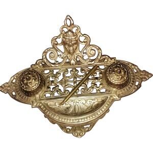 Vintage Ornate Brass Double Inkwell & Pen – Lion Motif Desk Set